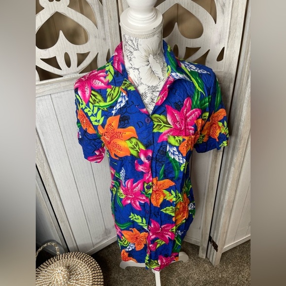 Vintage 90s Paris Sport Club Bright Floral Top Button Shirt Size Medium Tropical - Picture 1 of 4